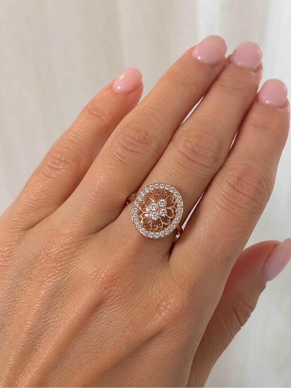 Rose Gold Floral Halo Ring with Crystal Accents - Unbranded